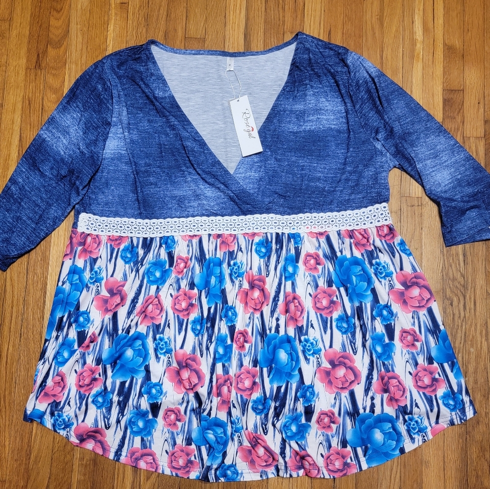 Plus Size Rosegal Ditsy Print Tunic Plunge shirt